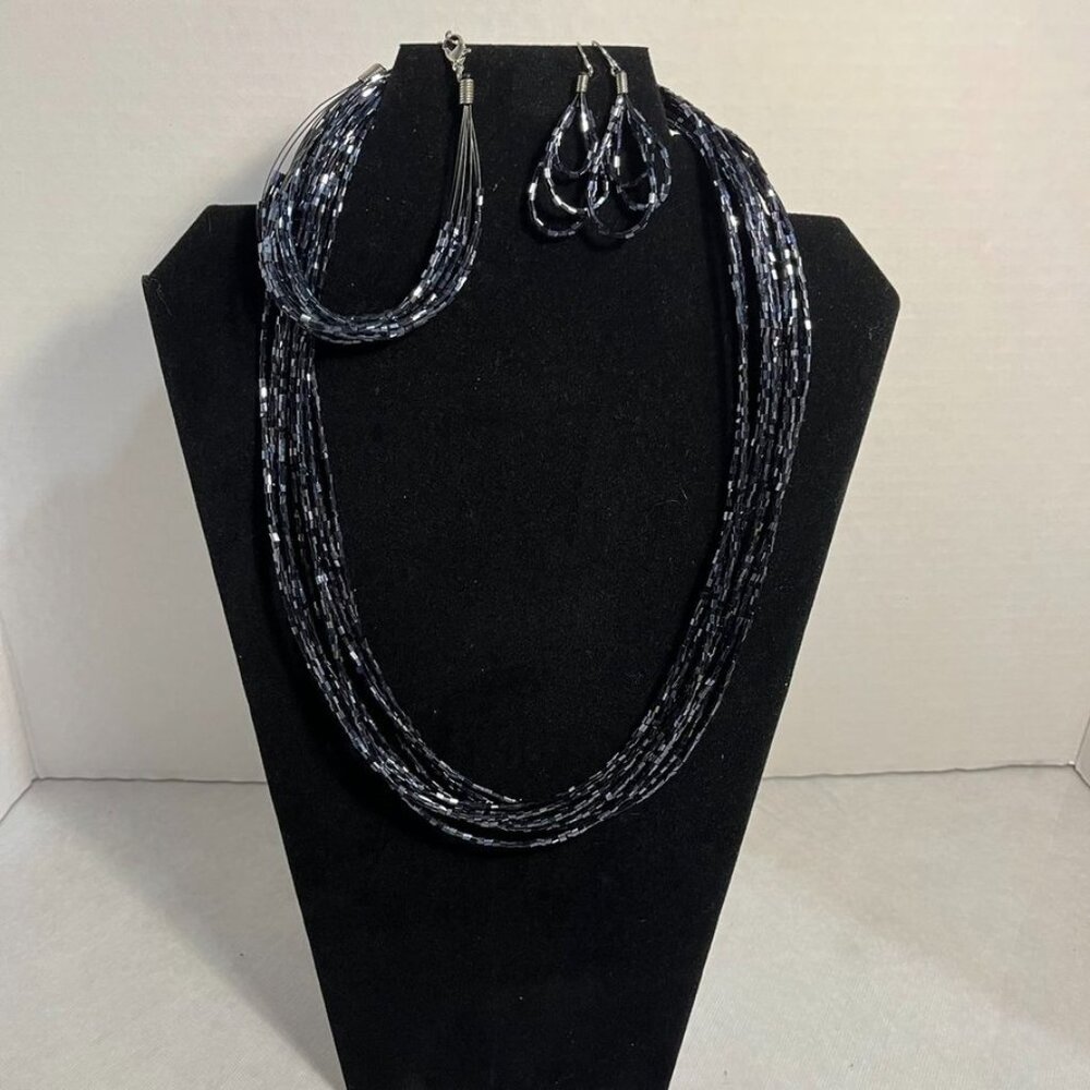 Navy Multi-Strand Beaded Necklace Bracelet & Earring Set - Picture 12 of 12